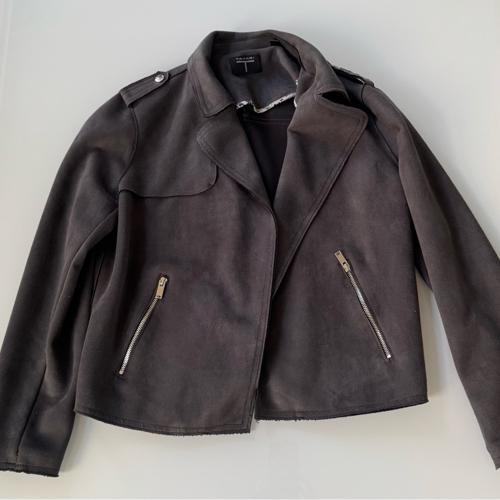 Tahari Faux Suede Gray Moto Jacket | Medium